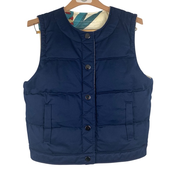 Tory Burch Piper Puffer Vest Floral Navy Reversible Quilted Down Filled Size 12 - Picture 12 of 15